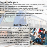 Dialogue 🚉 À la gare Voyageur 1 Excusez-moi, savez-vous à quelle heure part le train pour Lyon Voyageur 2 Oui, il part à 16h30. Vous allez à Lyon aussi Voyageur 1 Oui ! J’ai une réunion là-